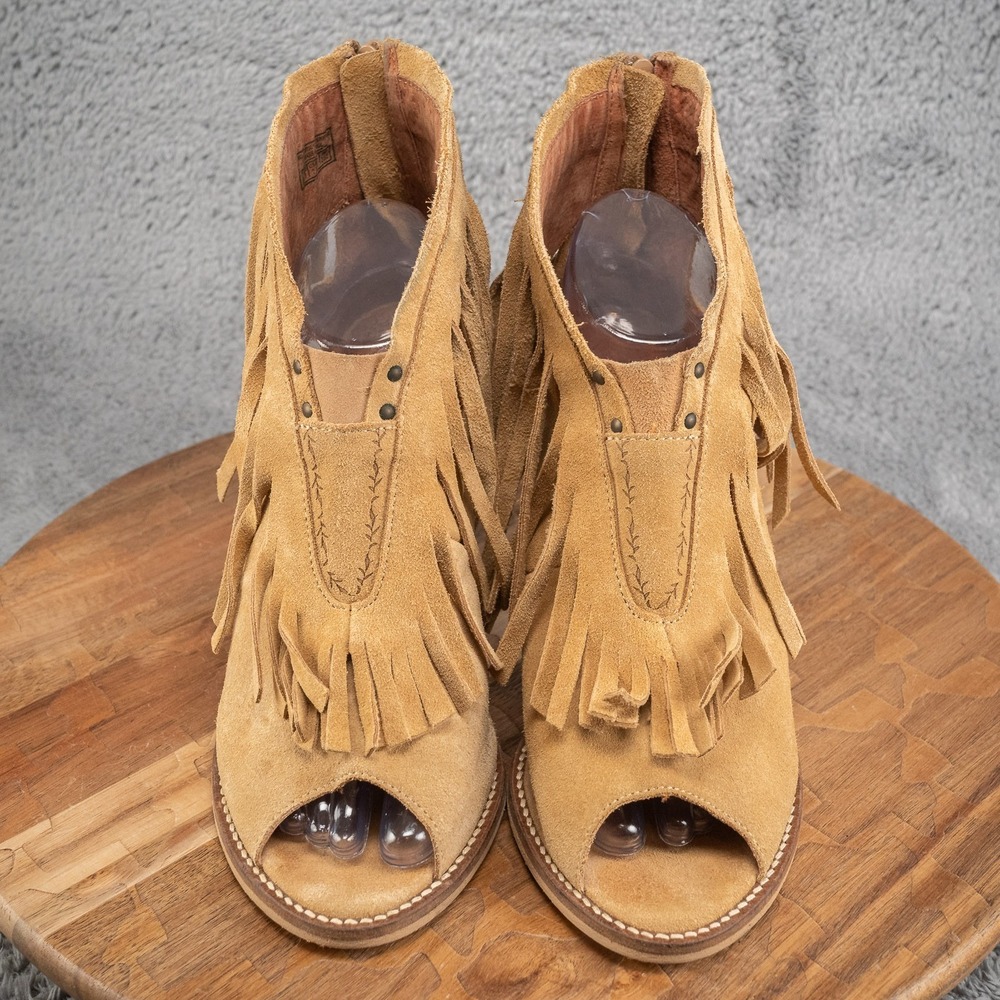 Musse & Cloud Galia Womens Camel Suede Fringe Peep Toe Ankle Bootie US 11 EU 41 - Picture 2 of 8
